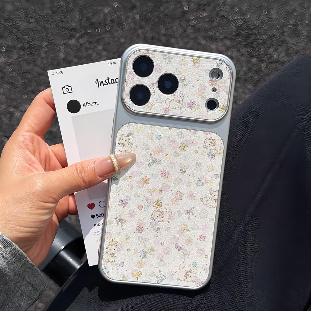 Floral kitten is suitable for iPhone17promax mobile phone case Apple 16pro new 15pro niche 14 leather pattern