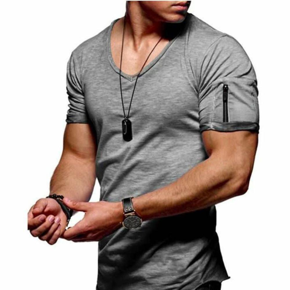 King Billion Heren V-hals Casual T-shirt Effen Kleur Slim Fit Gym Sport Mode Rits Design Korte Mouw T-shirts Zachte Comfortabele Tops M donkergrijze kleur