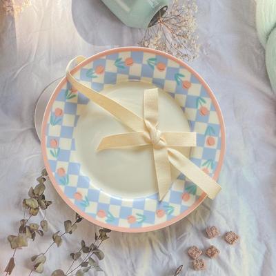 Ins Style, красивая, красивая тарелка с шахматным узором, сине-белая керамическая тарелка с тюльпанами, десертная тарелка для торта, салата, завтрака, подарок