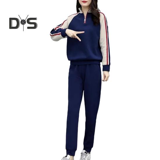 

2 шт./компл., женский свитер, брюки, костюм, соответствующий цвету, декор на молнии, воротник-стойка, длинный рукав, эластичная резинка на талии, толстый, теплый, мягкий, женский осенне-зимний спортивный костюм XL темно-синий