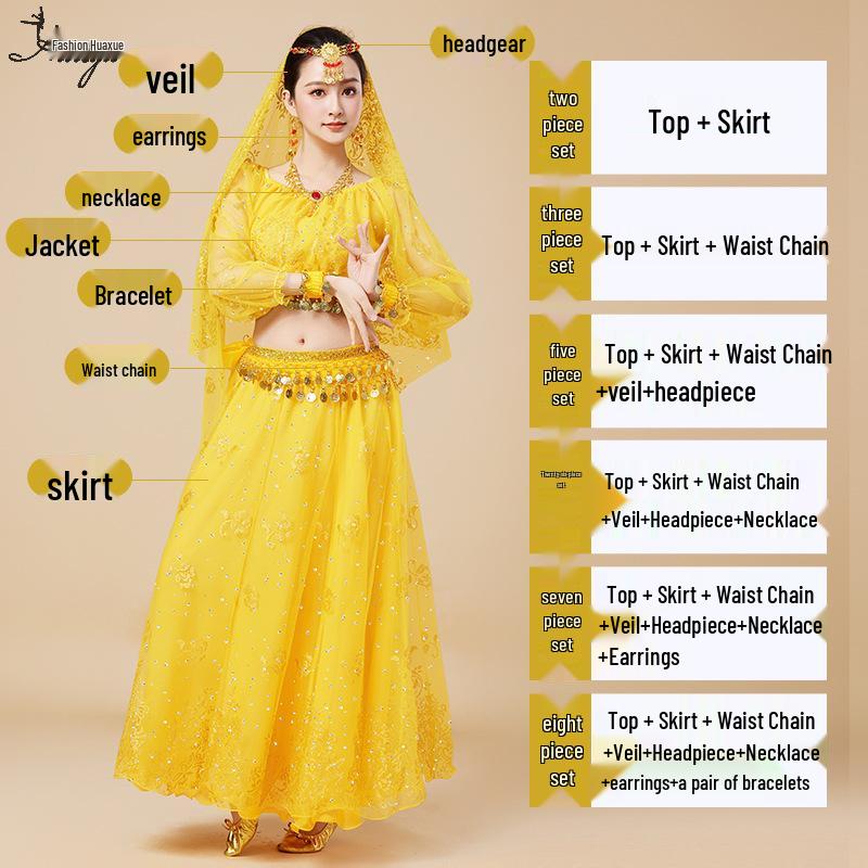 Fantasia de Apresentação de Dança do Ventre Indiana Huayu - Conjunto de Vestido de Manga Comprida de Chiffon para Mulheres