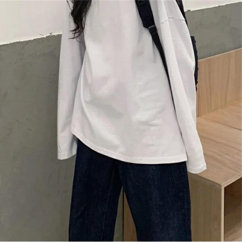 Harajuku Long T-Shirt Spring Autumn Solid Simple Oversized T-shirt for Women Goth T-shirts Split Long Sleeve Tops