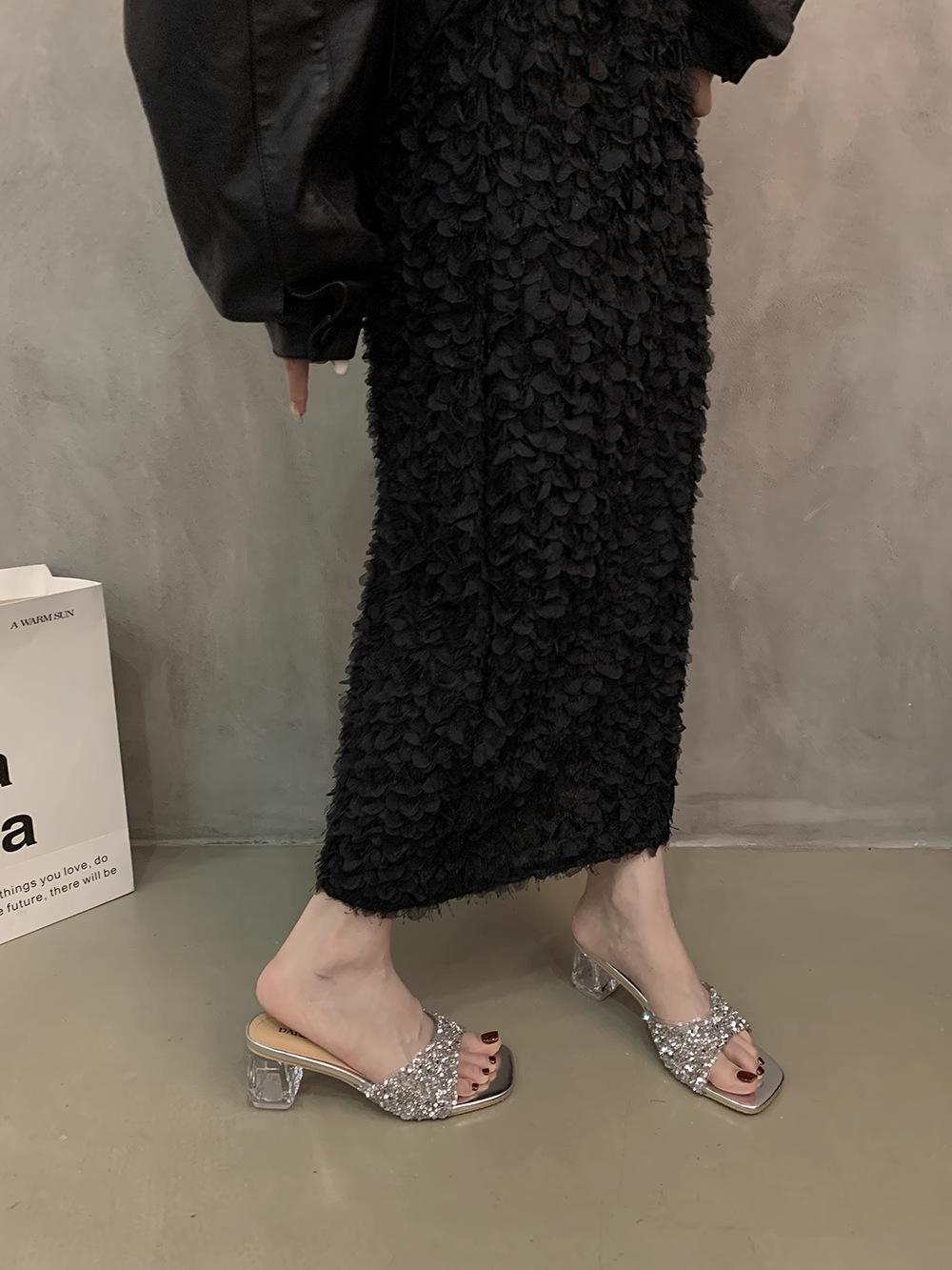 

Французские хрустальные туфли на толстом каблуке, женская летняя одежда 2025 года, новые модные серебряные босоножки на высоком каблуке со стразами в виде феи 40 серебряный