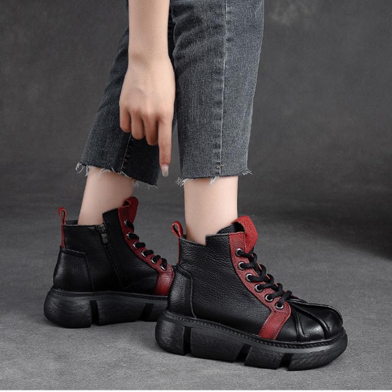 Johnature 2023 autunno inverno nuovi stivali corti retrò donna in vera pelle colori misti scarpe con plateau versatili con suola spessa