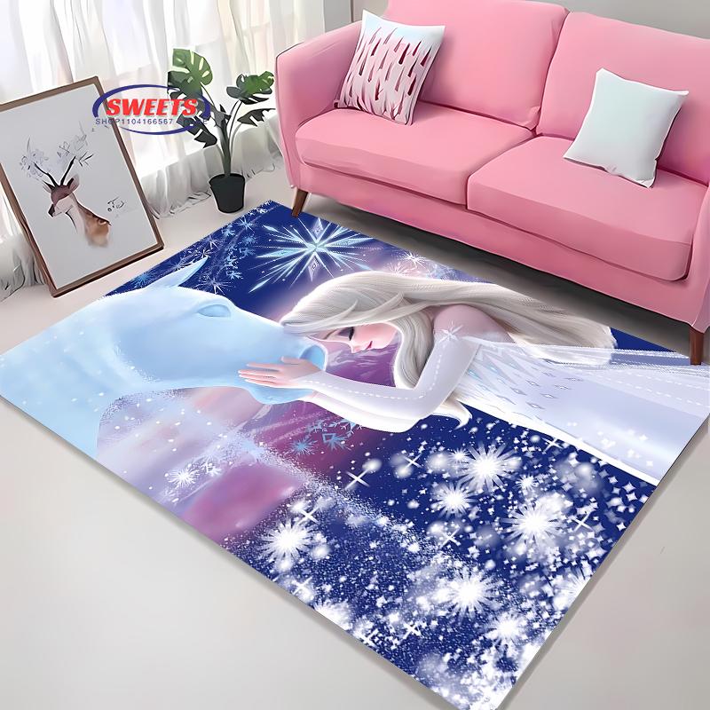 Gefrorene Elsa Anna Prinzessin 3D HD Teppich Kinderzimmer Wohnzimmer Rutschfester Bodenläufer Sofamatte Dekor