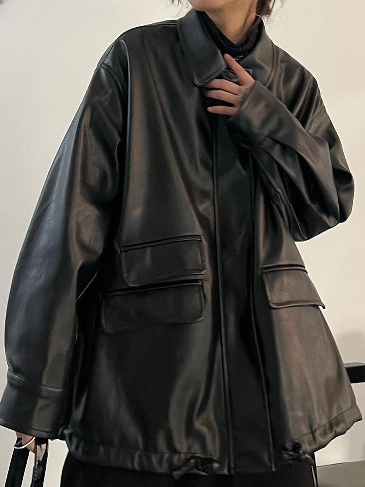 Winter Vintage Schwarz Punk Leder Jacke Frauen Streetwear Moto Biker Zipper Retro Mantel Neue Ästhetischen High Street Casual Oberbekleidung