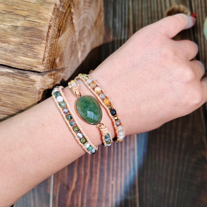 Bohemian style natural green agate and turquoise, handcrafted three-layer creative and fashionable braided bracelet, suitable for everyday wear.