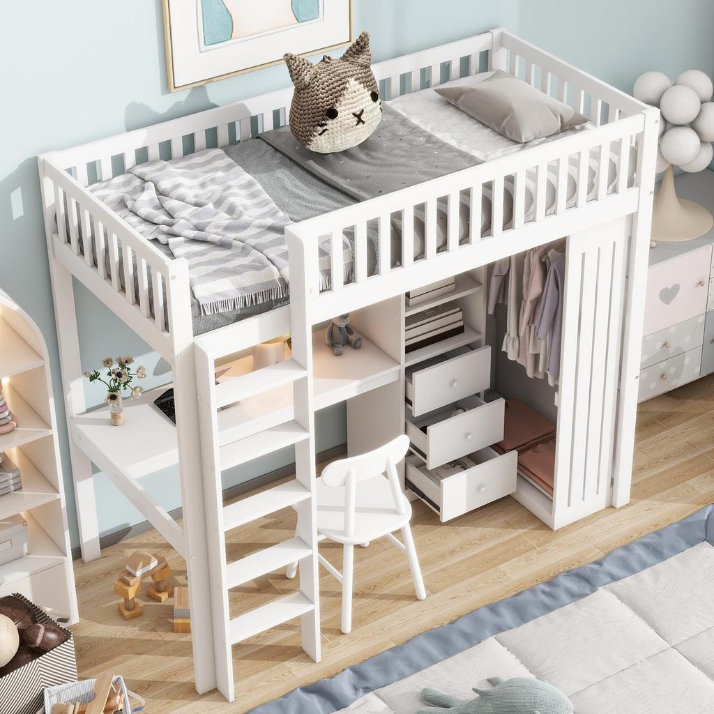 Bunk Bed 90x200 Desk Wardrobe 3 Drawers Storage Space Slatted Frame Pine Wood Youth Bed Children/Adults White