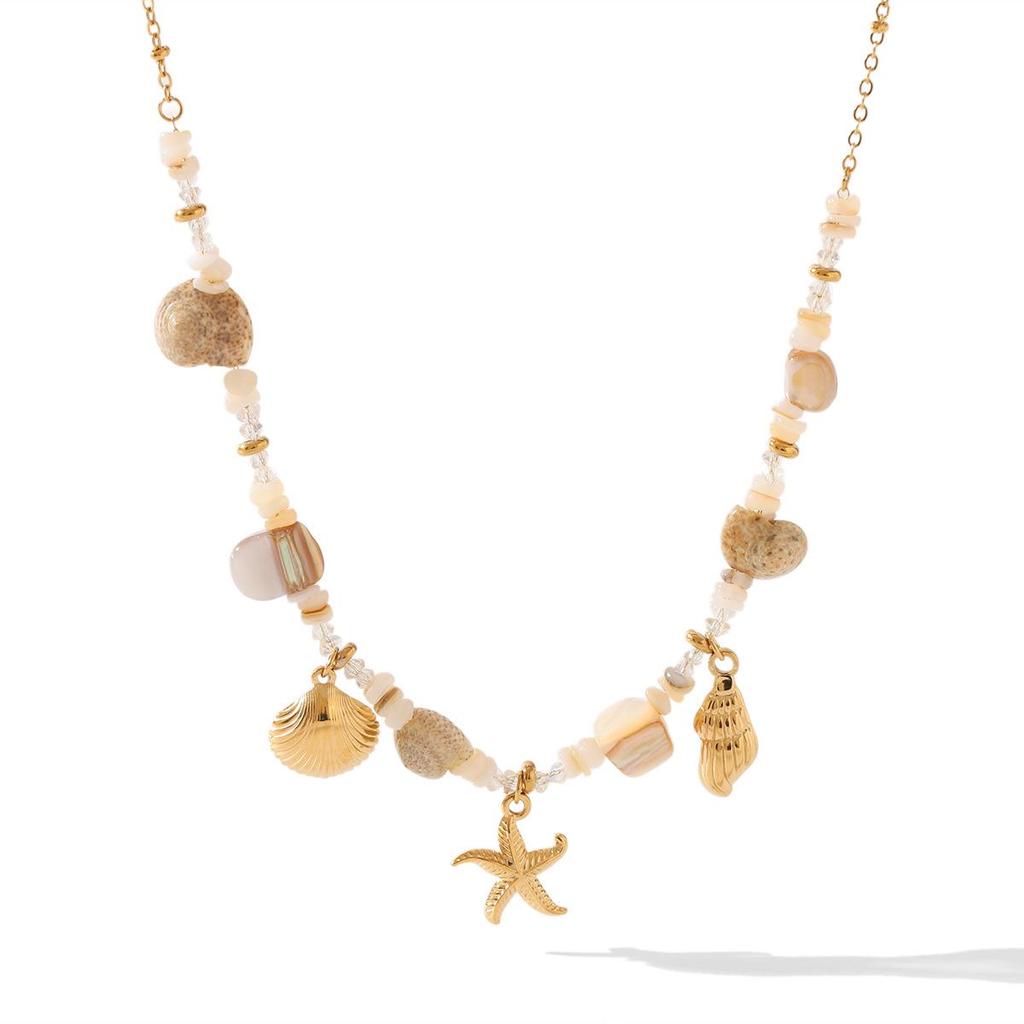 Stainless Steel Shell & Starfish Pendant Necklace - Summer Ocean Style