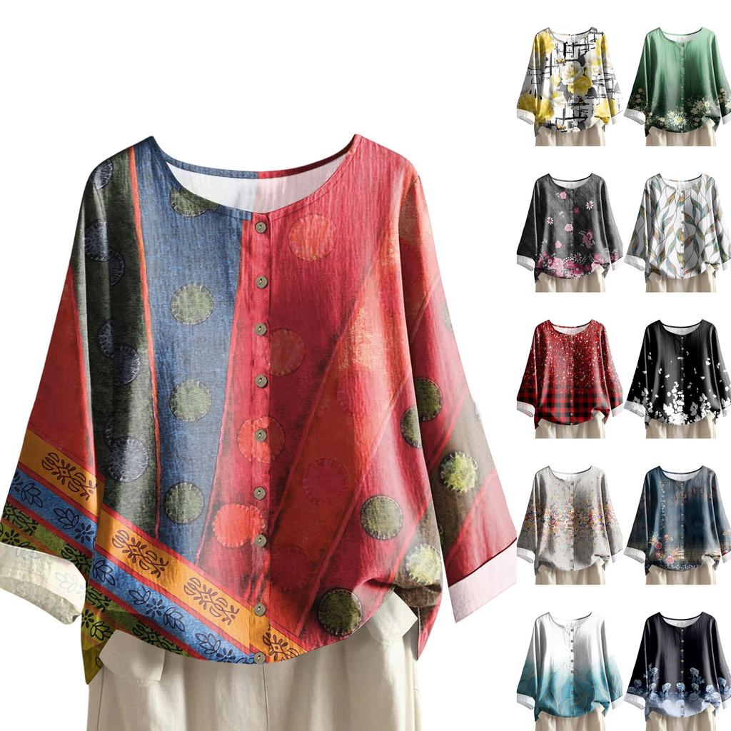 Women's Casual Long-sleeved Round-neck Retro Gradient Printed Cotton And Linen Top