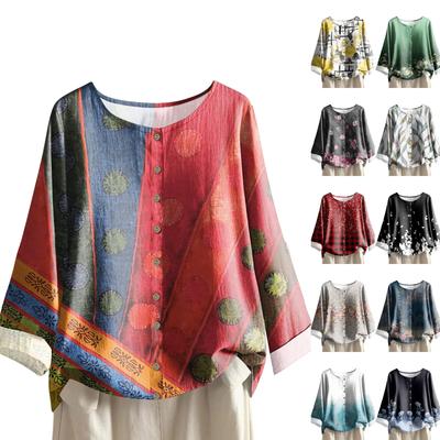 Women's Casual Long-sleeved Round-neck Retro Gradient Printed Cotton And Linen Top