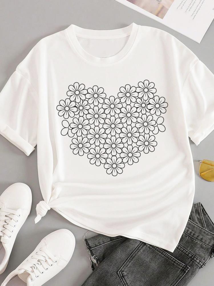 (Asian Size) T-shirts Fashion O-neck Female Casual Women's Top T Clothing Love Heart Style Print Short Sleeve Graphic Tee
