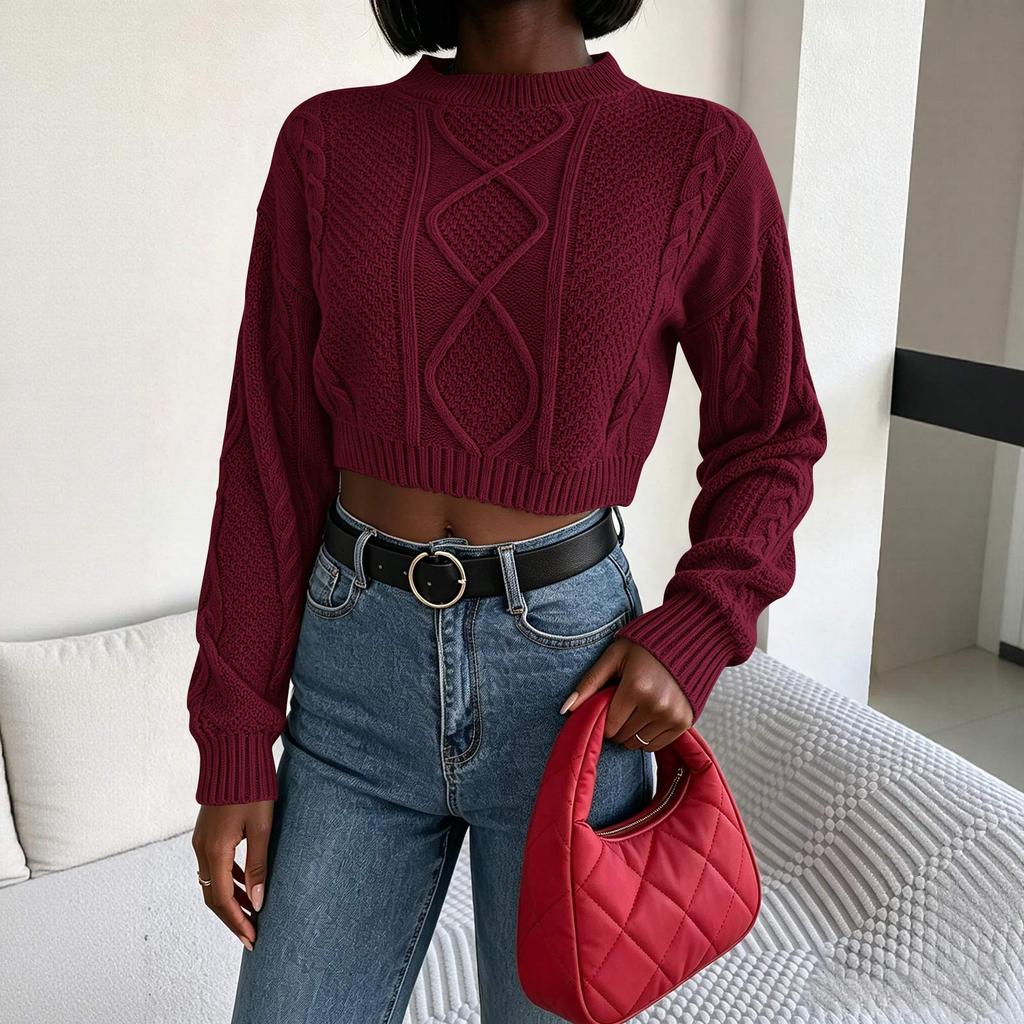 Women's Cable Knit Pullover Sweater Color Long Sleeve Cropped Top for Fall and Winter
