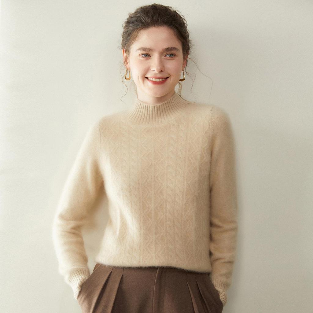 Women's Cashmere Half-High Neck Sweater, Autumn/Winter 2025, Seven-Needle Cable Knit, Loose Fit, Versatile Pullover.