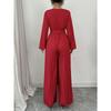 Damen V-Ausschnitt Langarm Plissierter Jumpsuit Mit Taillengürtel Eleganter Weiter Bein Romper