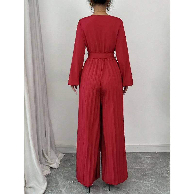 Damen V-Ausschnitt Langarm Plissierter Jumpsuit Mit Taillengürtel Eleganter Weiter Bein Romper