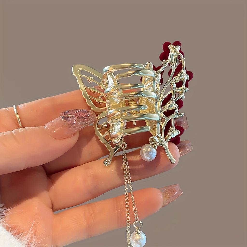 1pc Faux Pearl Tassel Hair Claw Clip Red Rose Jaw Clips Metal Shark Clips For Women Female Hair Styling Accessories