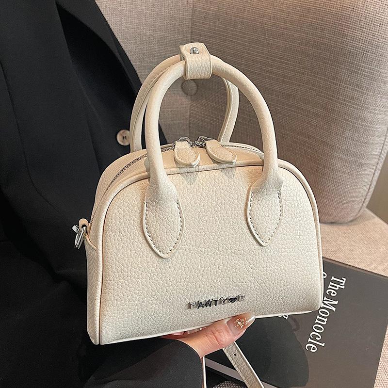 Korean Version of Temperament Advanced Sense Niche Lychee Pattern Portable Boston Bag Simple Solid Color Commuting Temperament Messenger Women's Bag