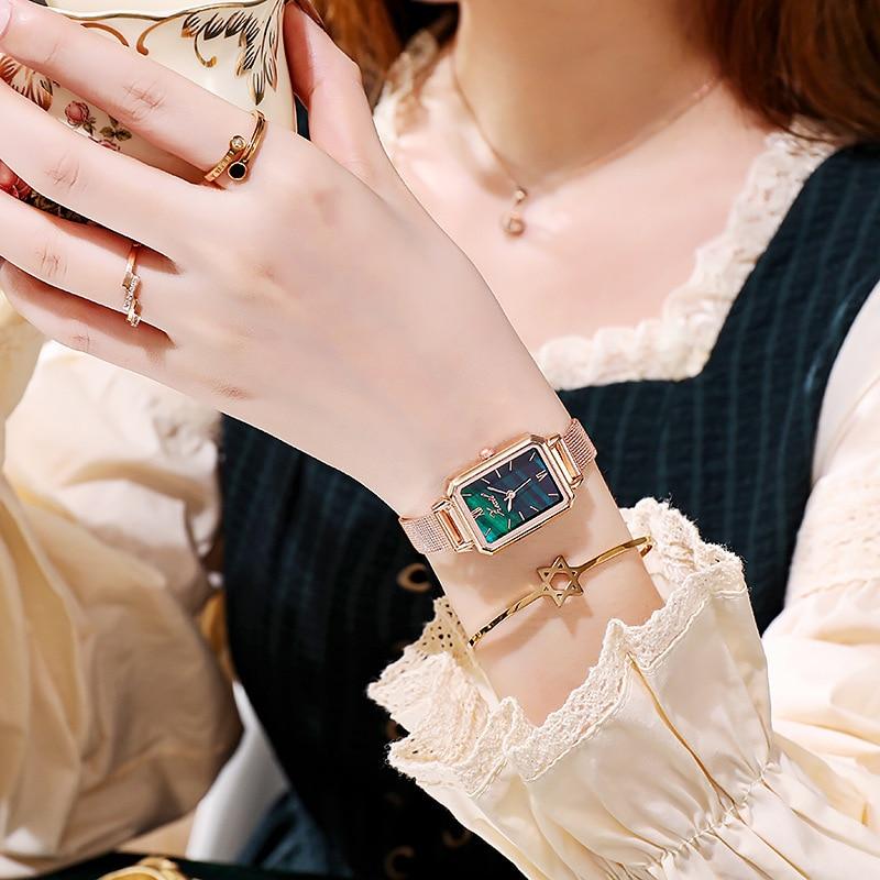 Women Watches Fashion Square Ladies Casual Quartz Watch Bracelet Set Green Dial Simple Rose Gold Mesh Watches