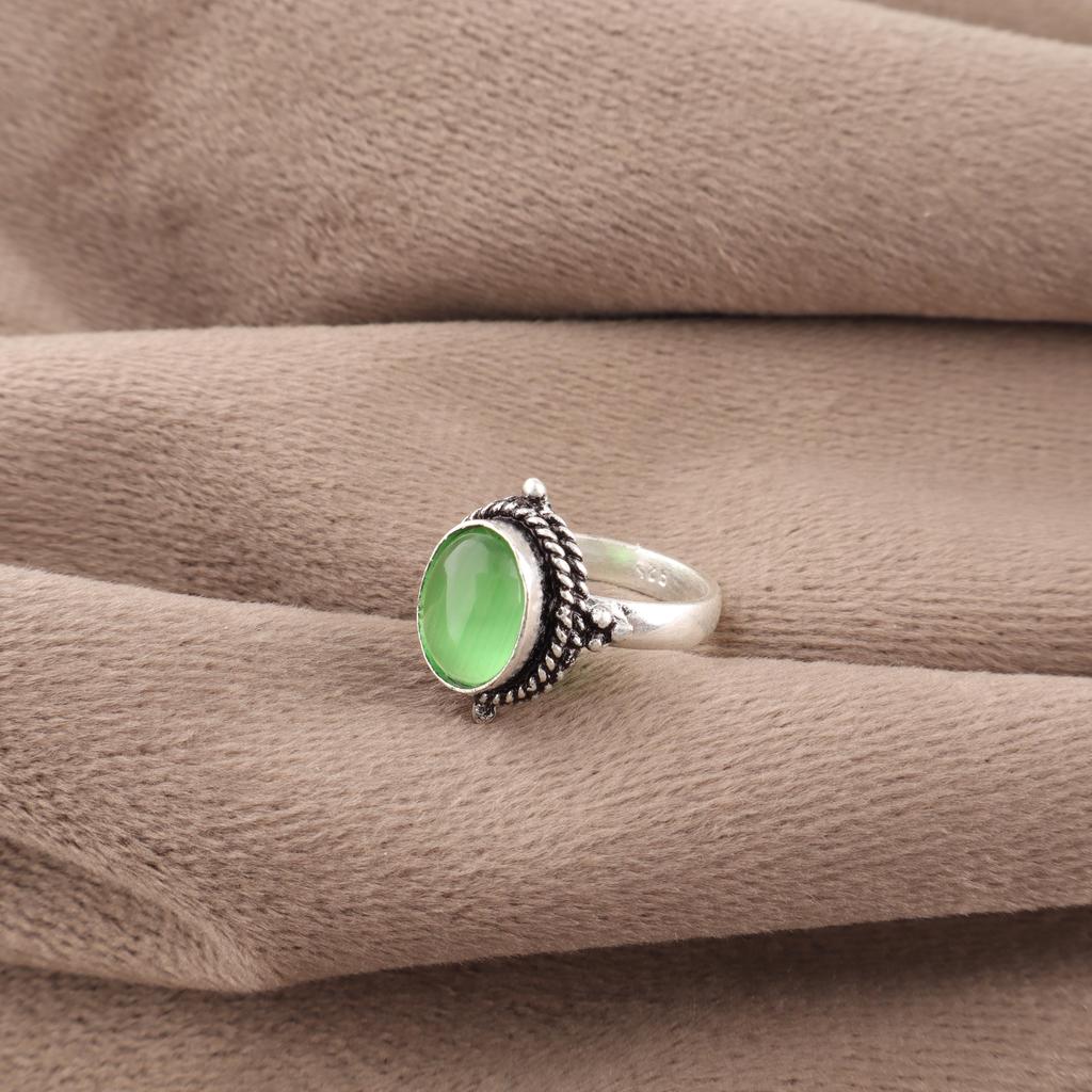 Green Cat's Eye Gemstone Ring, 925 Solid Sterling Silver Jewelry, Handmade Spiritual Ring For Wedding Gift