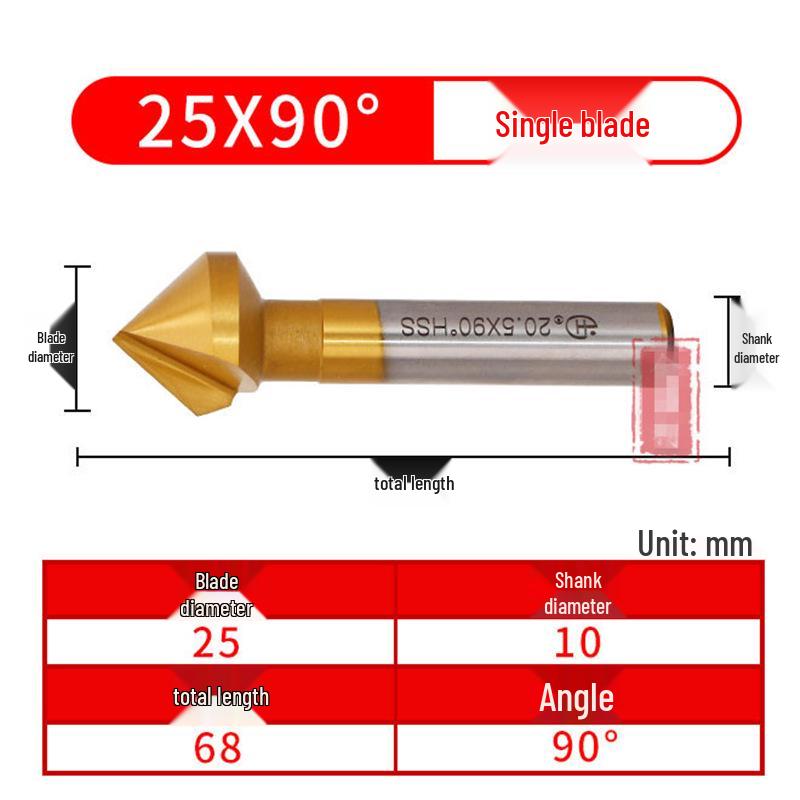 90° Titanium-Coated Chamfering Tool, Single/Three-Flute, 45° Countersink and Deburrer for Stainless Steel.