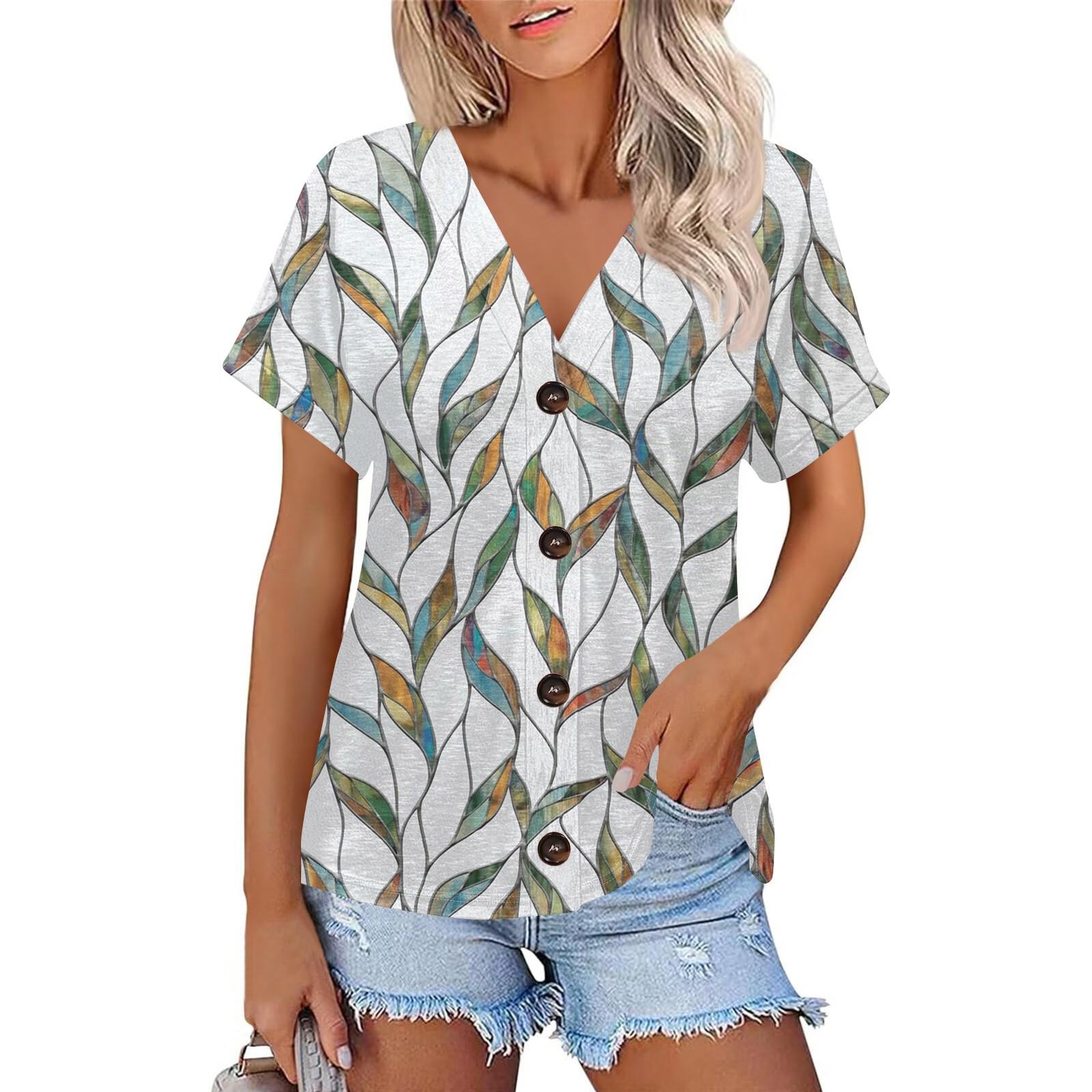 

Женская модная повседневная футболка с короткими рукавами и V-образным вырезом, цветочным принтом и застежкой на пуговицы XL