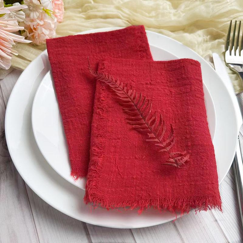 6pcs 32x32cm 100% Cotton Soft Beige Gauze C Wedding Napkins Reusable Blue Trim Tea Towel Rustic Retro Burrs Napkins For Dinner,Party,Weddings