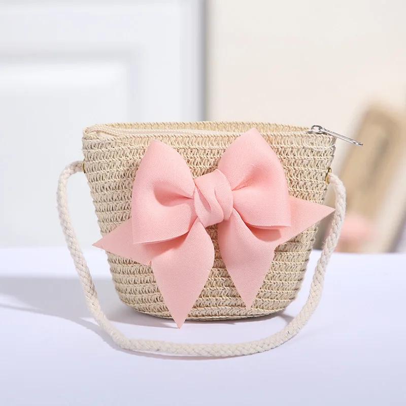 Cute Bow Straw Shoulder Bags Baby Girls Handmade Woven Crossbody Bag Princess Kids Messenger Bags Mini Coin Purse Beach Handbags