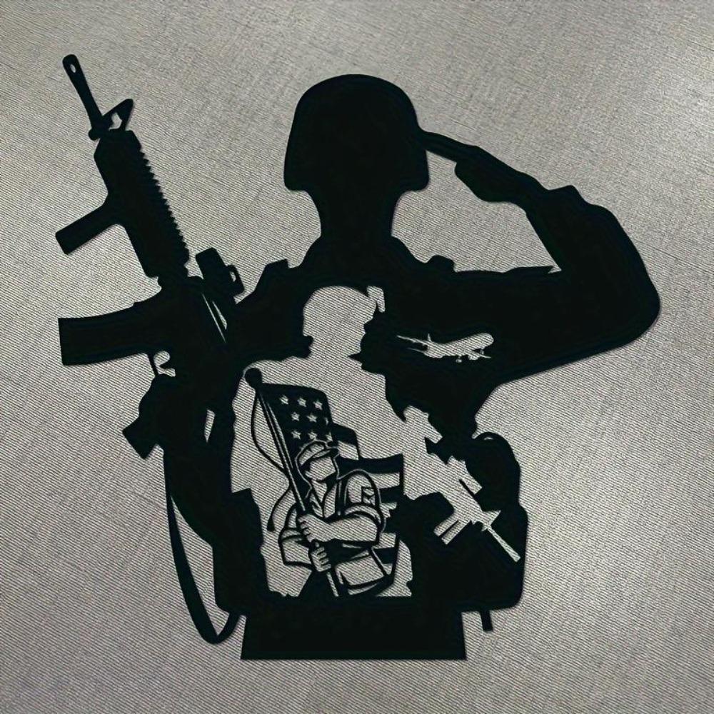Black Metal Soldier Wall Art Silhouette Gun Flag Decor Office Home Cave Gift