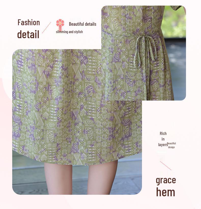 Xue Xi Mama 2026 Floral Slimming Summer Dress for Middle-Aged & Elderly Women - Short-Sleeve, Long Skirt