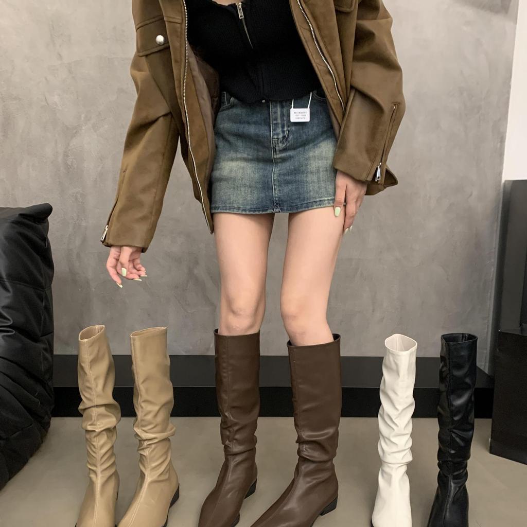 Sheepskin Version~ Thick Heel Pointed Pleated Boots Stacking Boots Women's Knight Boots Long Boots Tall Thin Boots