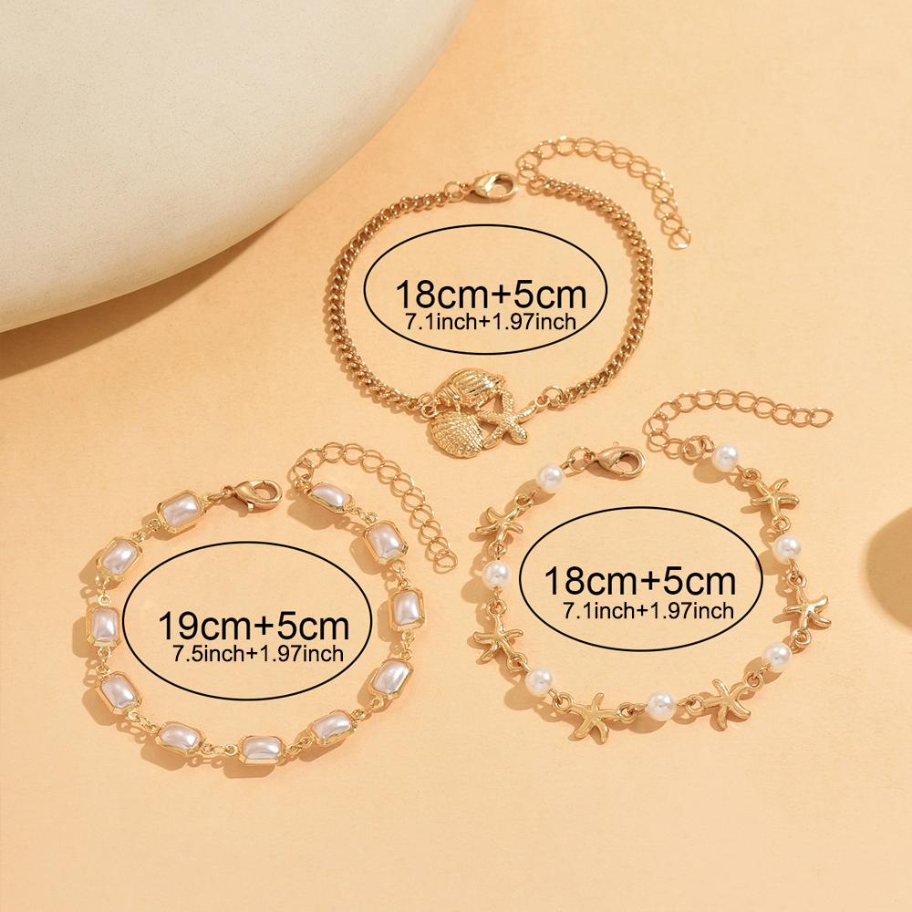 3Pcs Layered Gold Beach Bracelet Set Faux Pearl Starfish Shell Cuban Link Adjustable Boho Summer Jewelry Gift WHITE&18cm