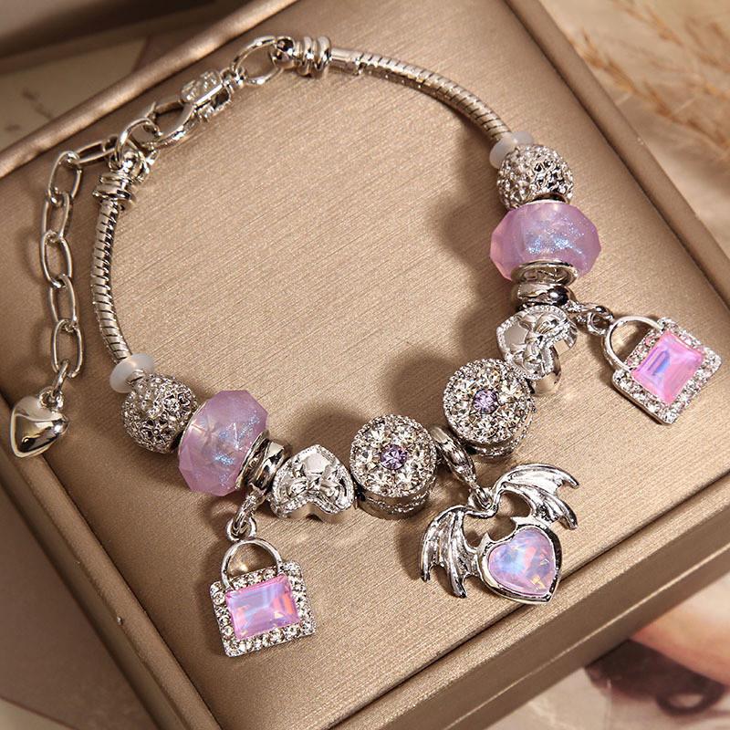 Pandora Style Heart Pendant Bracelet With Amethyst Glass Beads For Women Gift