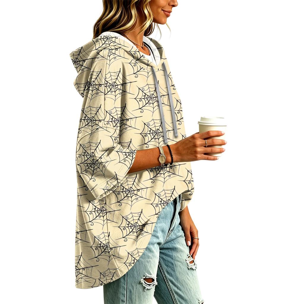 Women's Fashionable Three-Quarter-Sleeve Halloween-Printed Hooded Pullover