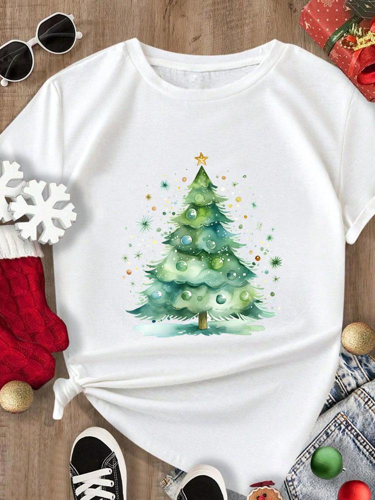 (Asian Size) Tee Merry Christmas New Year Holiday Top festival Casual Women cartoon trend cute Print Lady Short Sleeve Fashion Graphic T-shirts