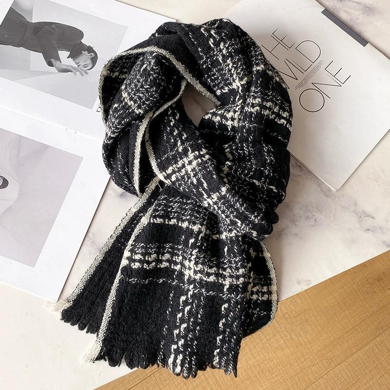 High-End 100% Wool Knitted Scarf Pashmina Winter Warm Scarf Shawl Black And White Plaid Women Cashmere Scarf With Tassel