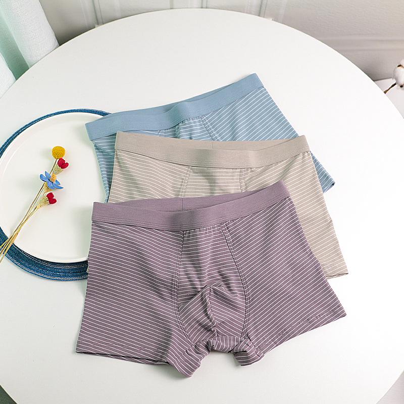 Men's Breathable Cotton & Modal Striped Boxer Briefs, Mid-Rise Fashion Style