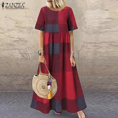 Women Summer Short Sleeve O Neck Check Holiday Beach Long Dress