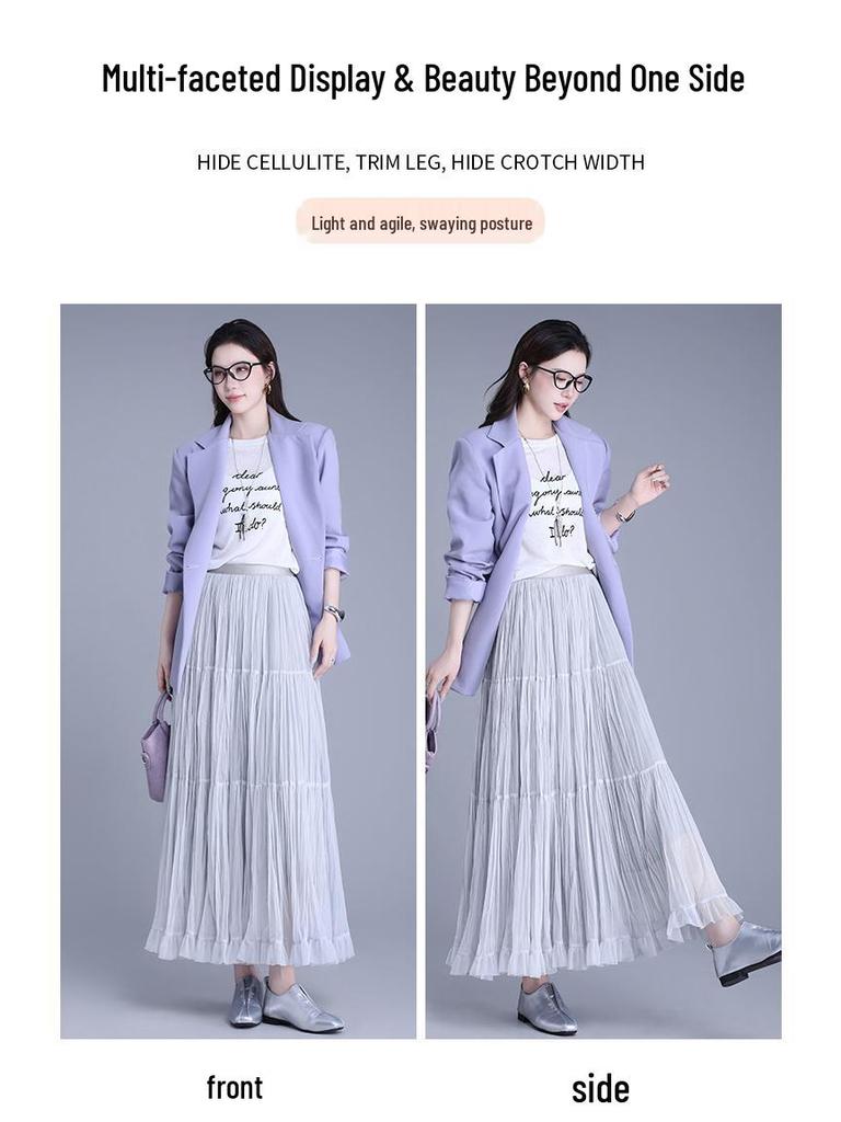 Women's 2026 Retro Ruffled Pleated Mesh Skirt - Slimming Elastic Waist, Early Spring