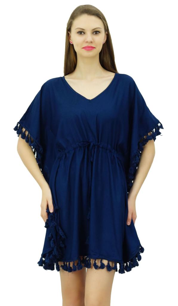 Bimba Women's V Neck Tassel Kaftan Short Rayon Caftan Designer Beachwear Coverup