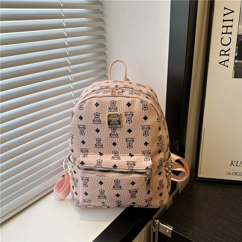 Women's Bag New Fashionable Retro Bear Printed Backpack Large Capacity Student Schoolbag Pu Backpack