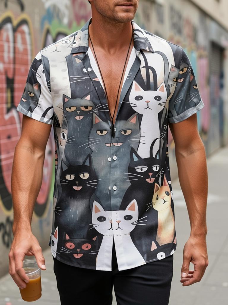 New Men'S Casual 3D Black Base Watercolor Cat Print Shirt