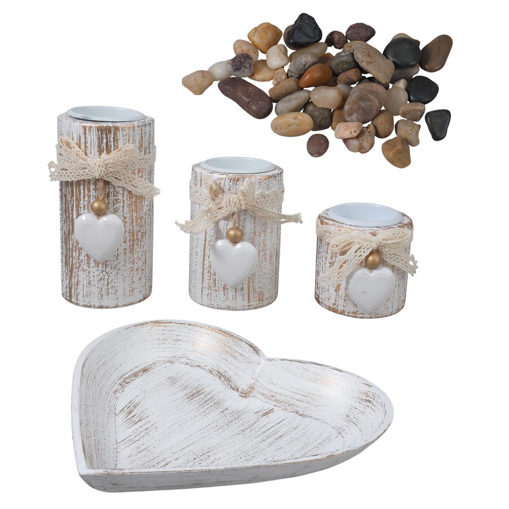 3Pcs Wood Candlestick Set Tealight Candle Holders with Romantics Heart Designs Tray and Bows Decoration for Centerpieces