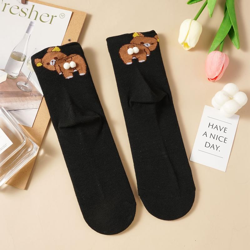 Black White Gray Bear Ankle Socks Cartoon Cute Breathable Sweat-Absorbent Low-Cut Socks for Women