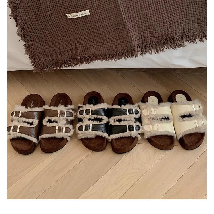 Grape Mother of the Same Style, Double Buckle with Thick-bottomed Lazy Open-toed Fluffy Birken Leather Slippers for Women's Autumn and Winter Wear