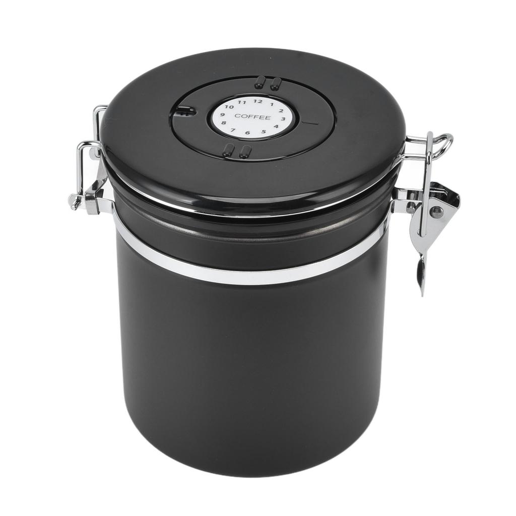 Airtight Coffee Canister Storage Jar Date Tracker CO2 Release Valve Stainless Steel Container Black