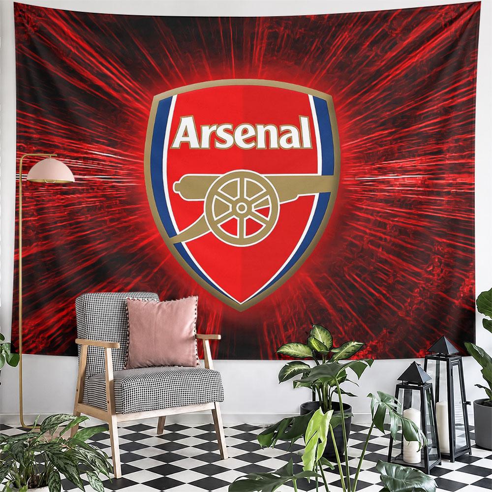 A red shield with a cannon emblem and "Arsenal" text, on a radiant backdrop. Patterned tapestry for bedroom and living room home decor