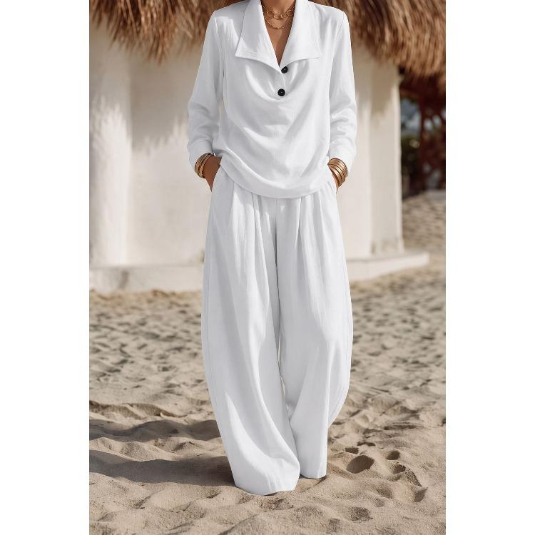 Women's Lapel Button Down Long Sleeve Top and Wide Leg Pants Set Solid Color Casual Two Piece Outfit