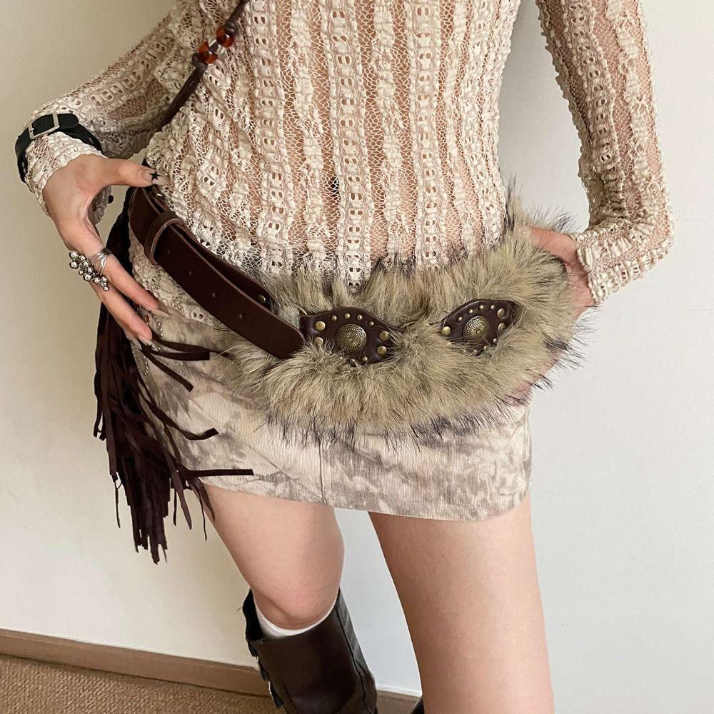 PU Leather Furry Waistband Spicy Girl Style Y2K Waistband Vintage Plush Belt  Female/Girls