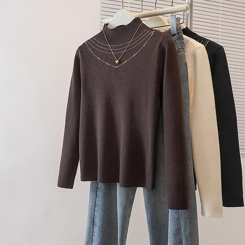 

Plus Size Women s Korean Winter Knit Top with Trendy Hot Drill Design - Slimming & Stylish XL кофейный